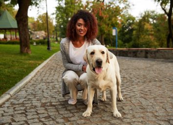 young smiling african american woman in casual clothes sitting near dog while walking in park