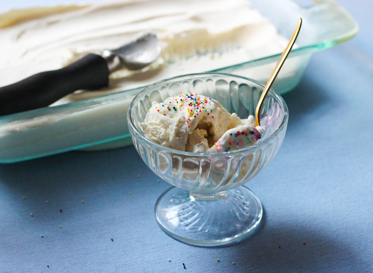 Finished ice cream with a scoop and sprinkles