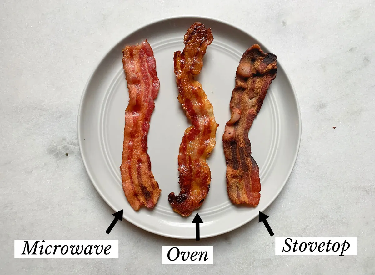 the three styles of cooking bacon compared on a plate