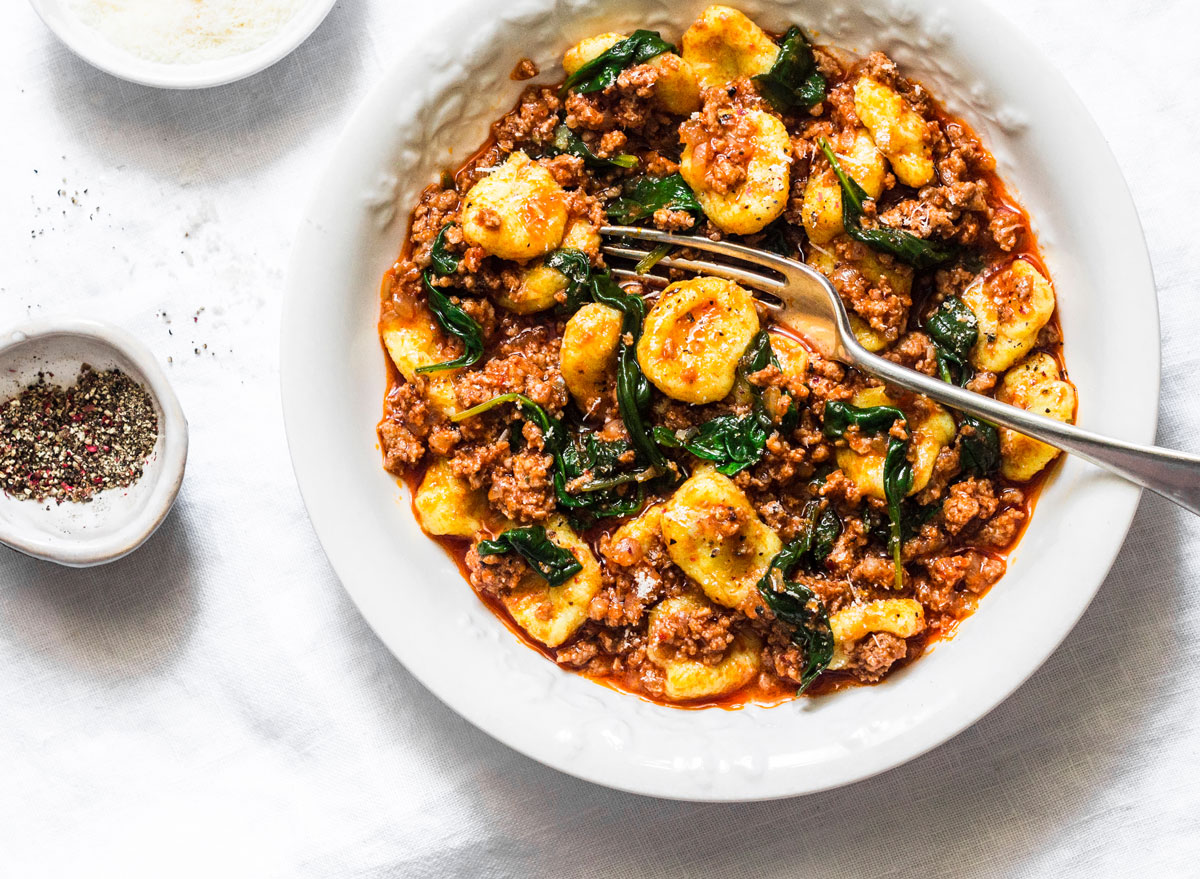 Cauliflower gnocchi bolognese sauce spinach