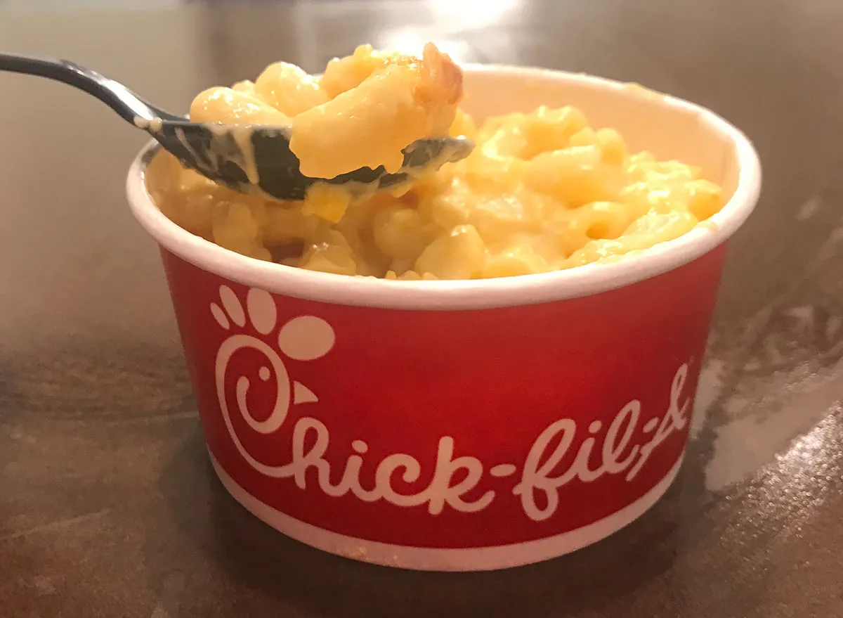 chick-fil-a-mac and cheese cup with plastic spoon