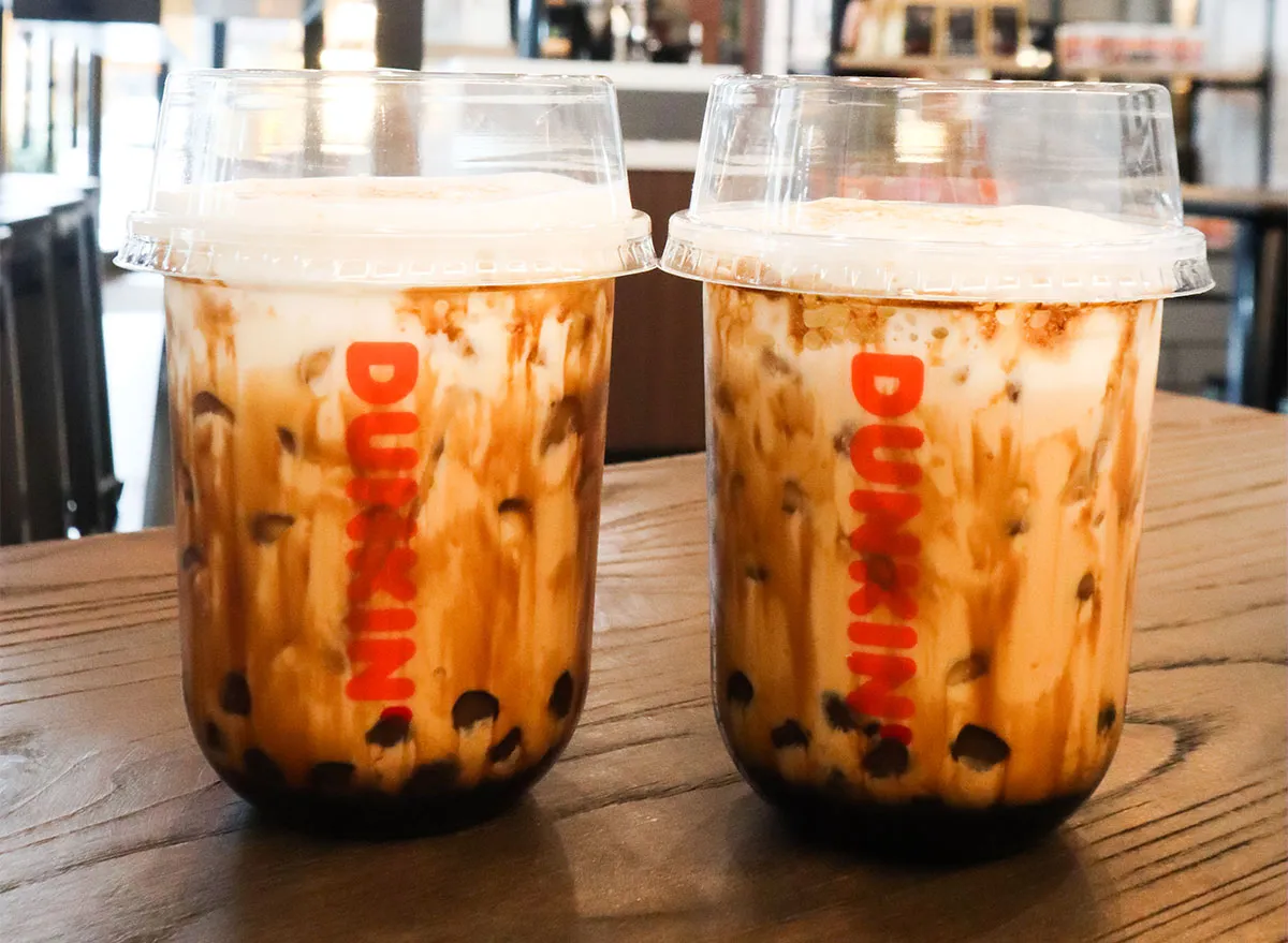 two containers of bubble tea from dunkin