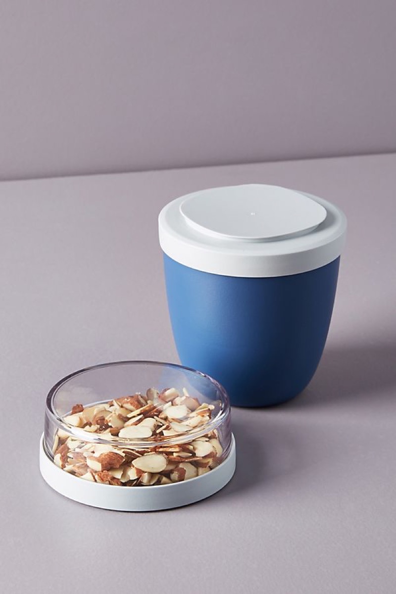 blue mug and dish of nuts, cheap meal prep containers