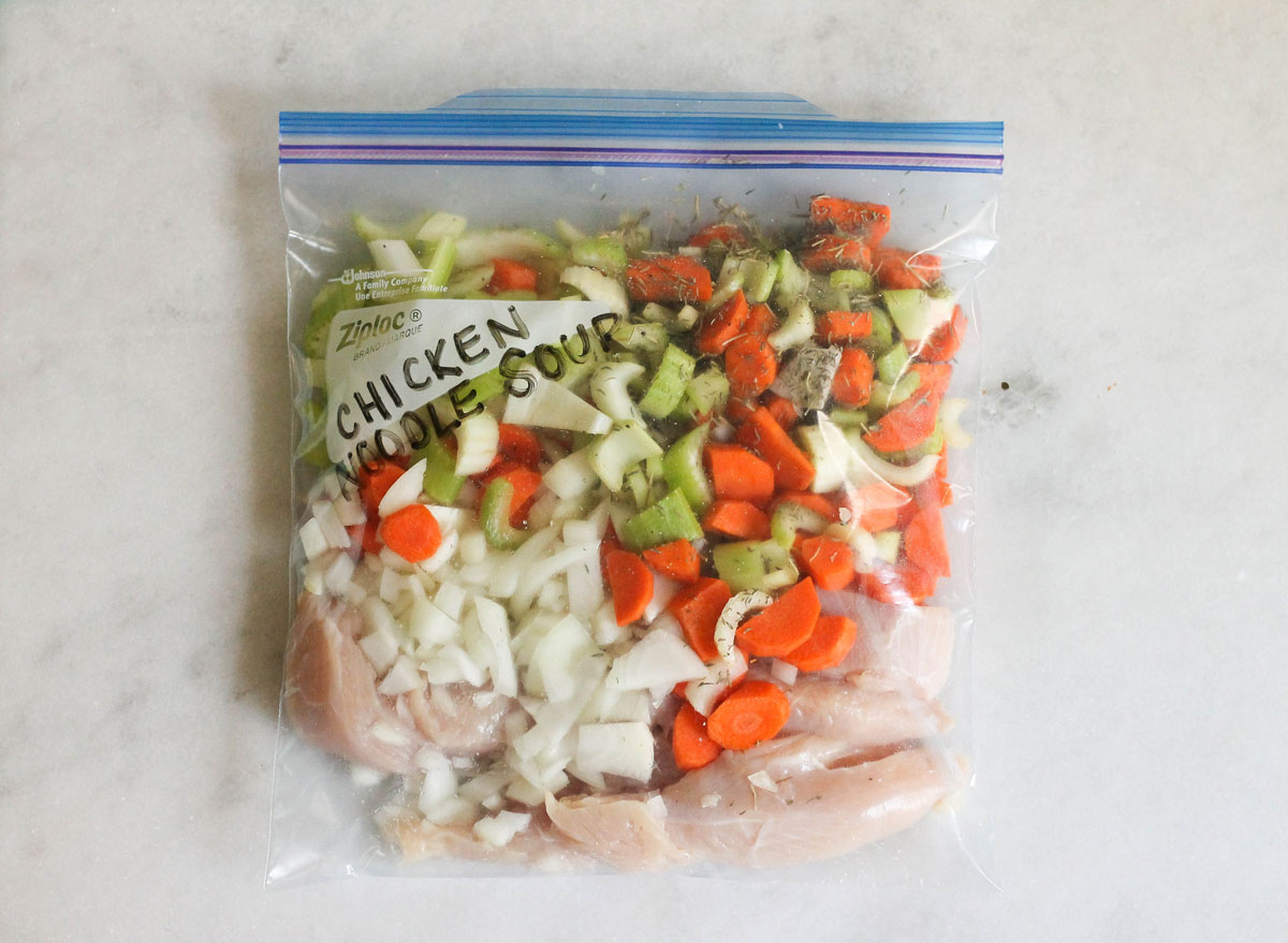Slow cooker chicken noodle soup in a freezer bag.