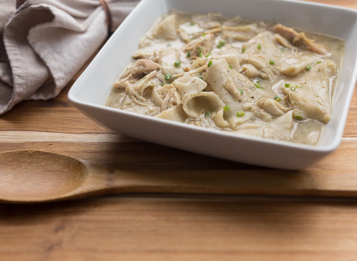 southern chicken dumplings in square bowl