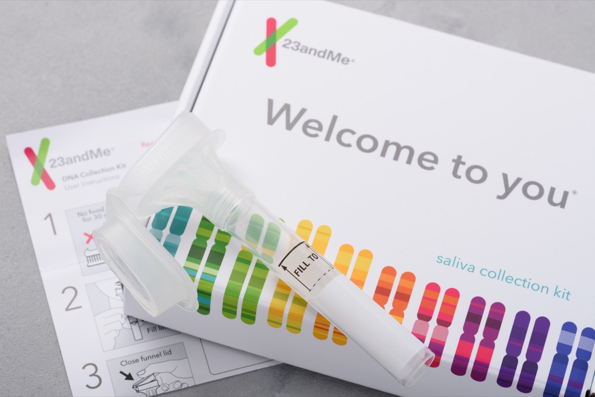 23andMe personal genetic test saliva collection kit, with tube, box and instructions