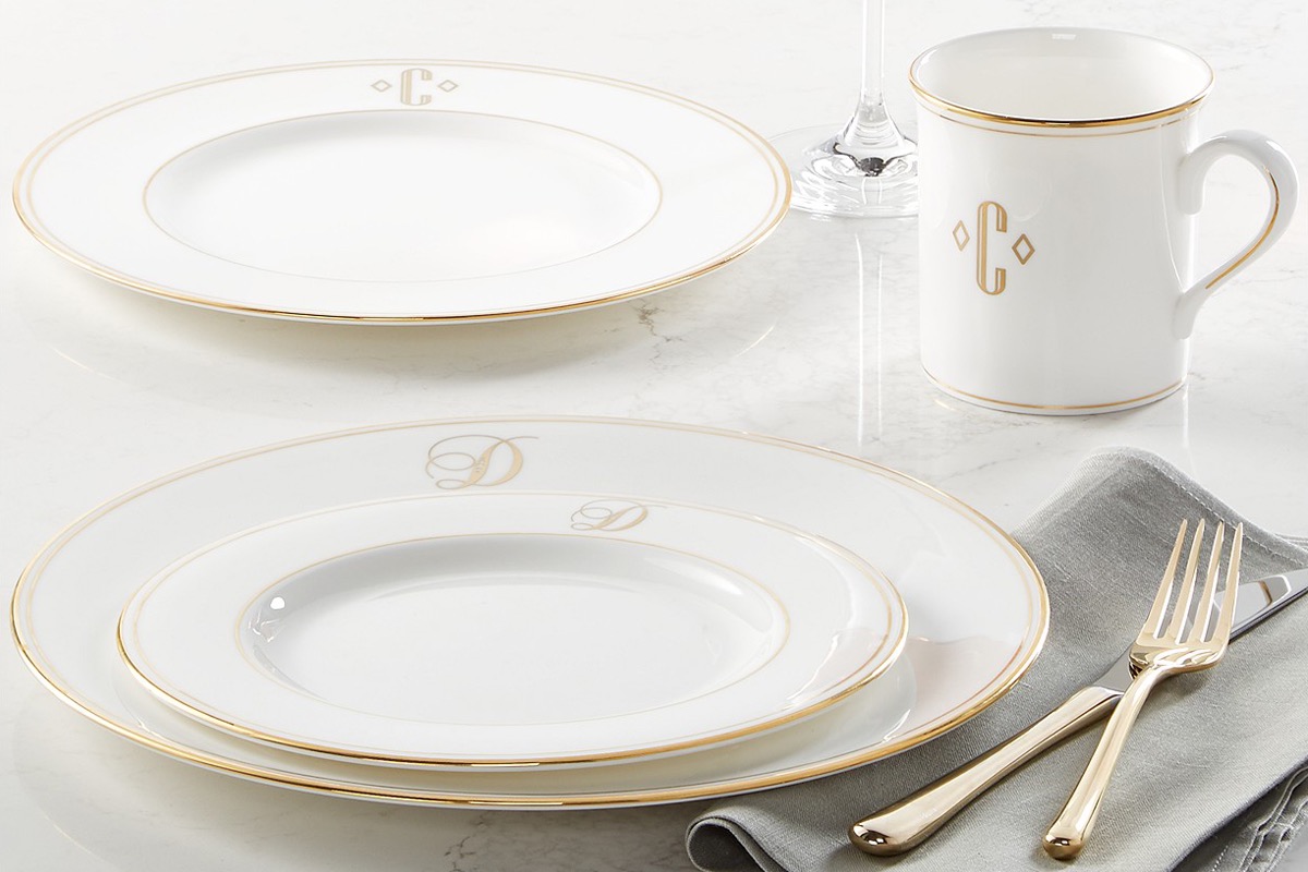 white dinner plate set with gold edge, monogrammed kitchen items