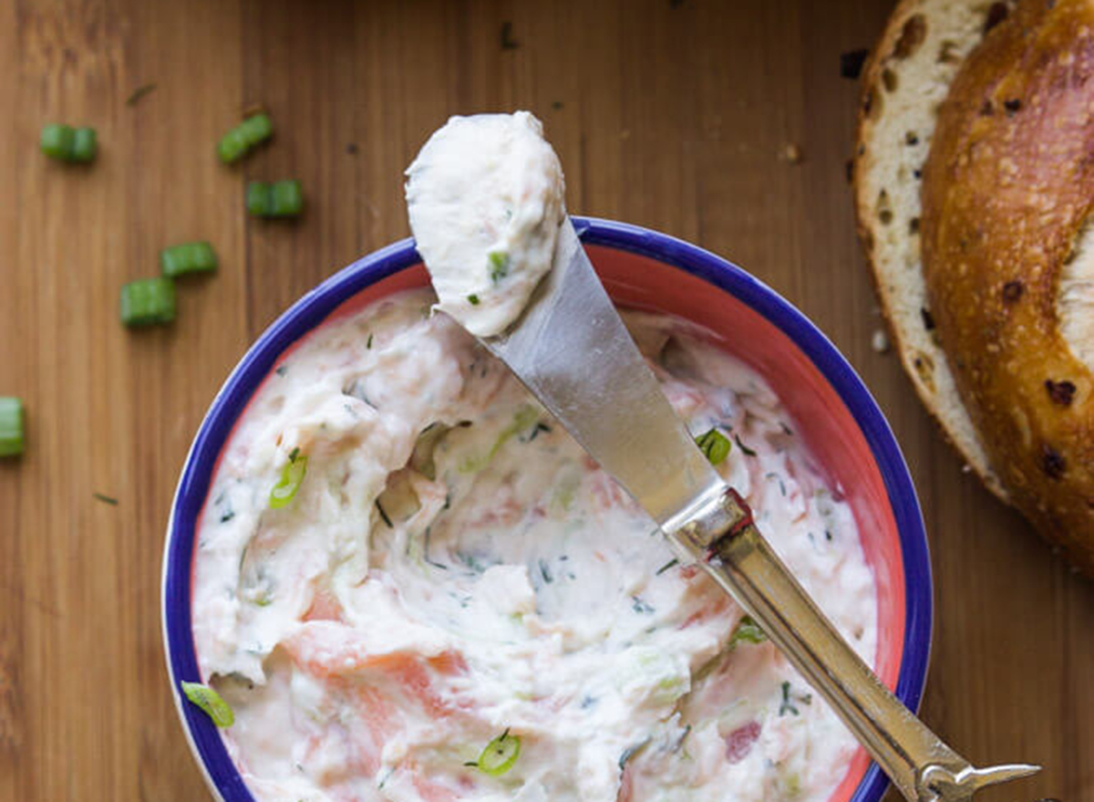 Smoked salmon spread made with greek yogurt ready to go on a bagel