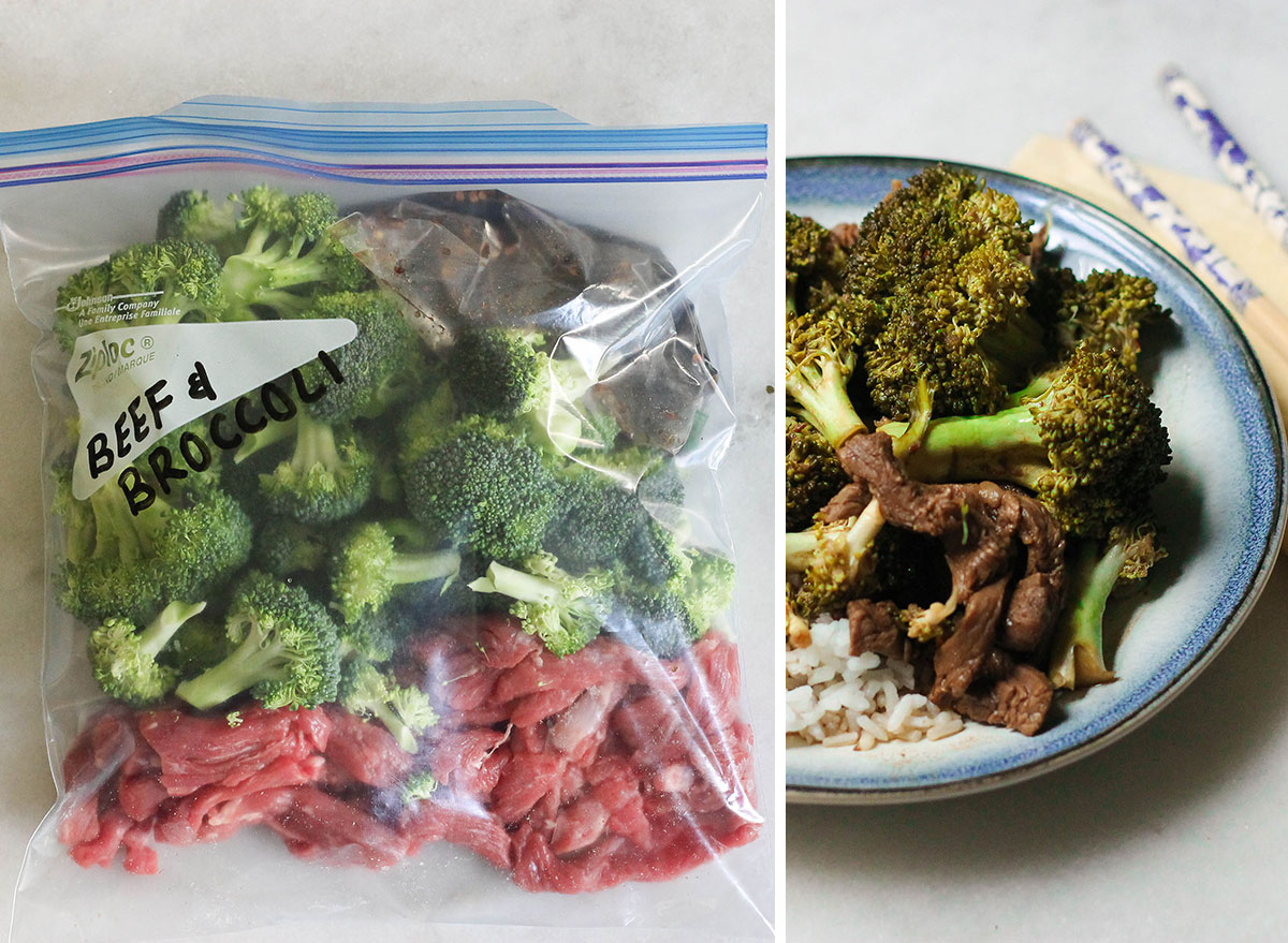 Beef and broccoli slow cooker freezer meal in a bag next to cooked plate of food