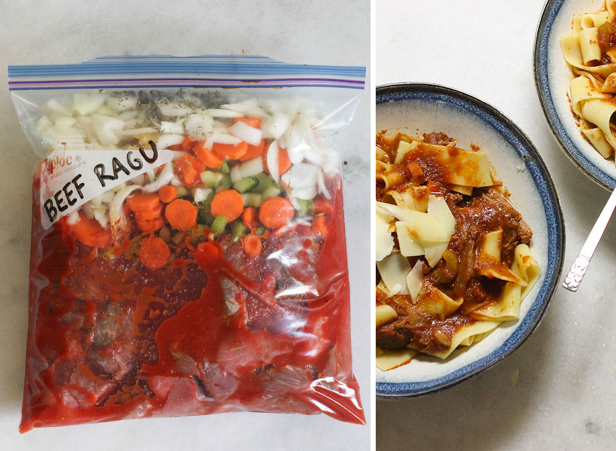 Crock-pot beef ragu in a freezer bag next to cooked ragu bowls