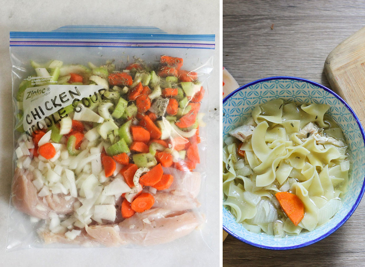 Crock-pot freezer meals with chicken noodle soup, next to a bowl of soup