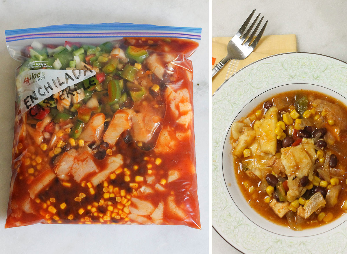 Slow cooker chicken enchilada casserole in a freezer bag for later