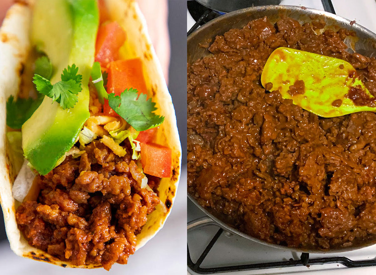 Beyond beef taco next to beyond meat cooking in skillet
