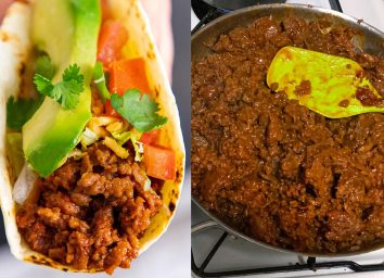 Beyond beef taco next to beyond meat cooking in skillet