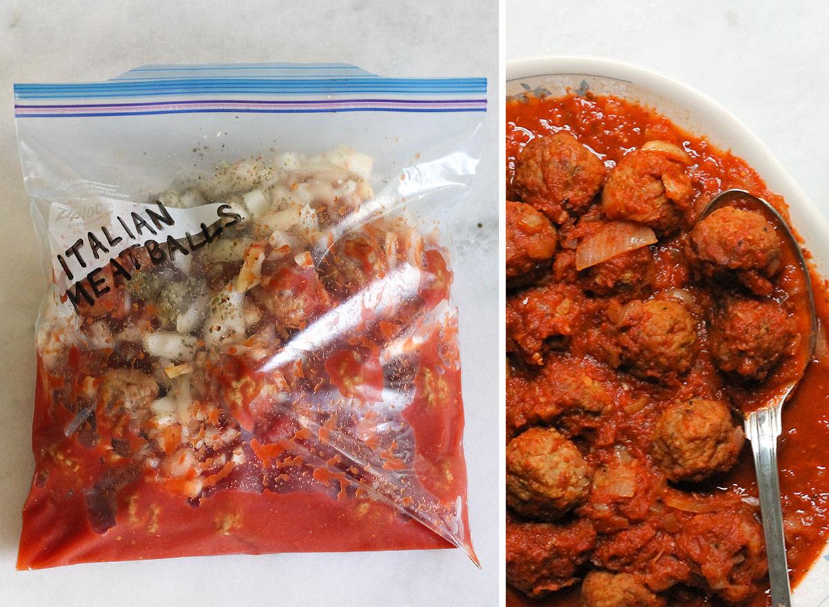 Crock pot freezer meal Italian meatballs next to plate of cooked meatballs