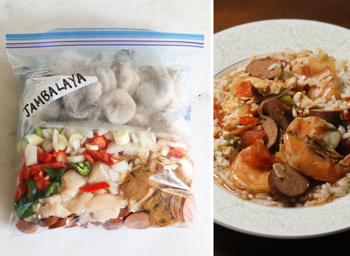 Jambalaya slow cooker freezer meal next to bowl of jambalaya