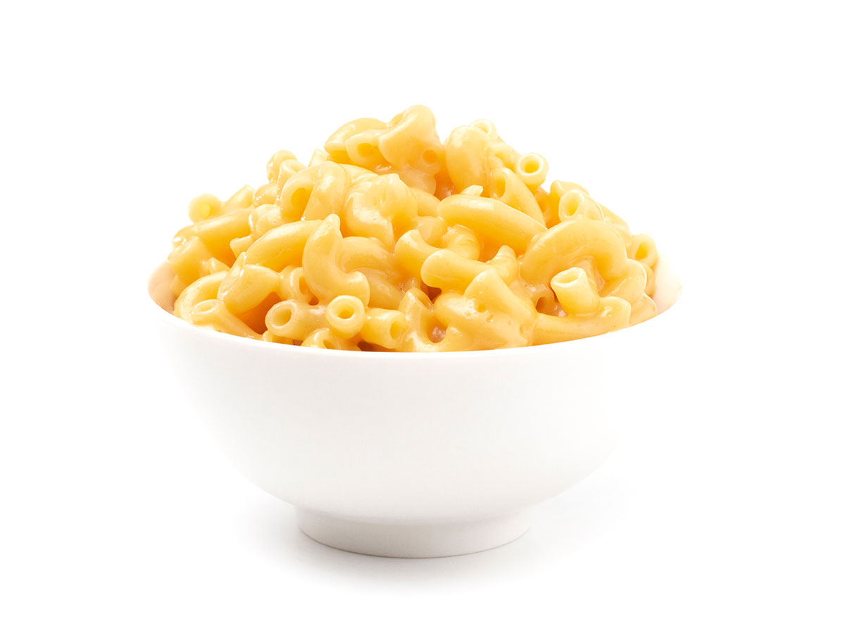 mac and cheese in white bowl