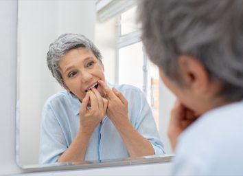 Mature beautiful woman cleaning her teeth with floss in bathroom