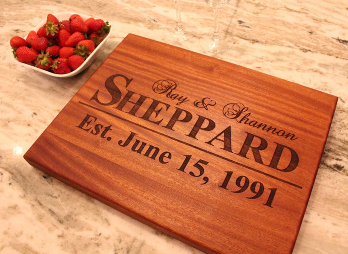 monogrammed cutting board with sheppard engraved on it, monogrammed kitchen accessories