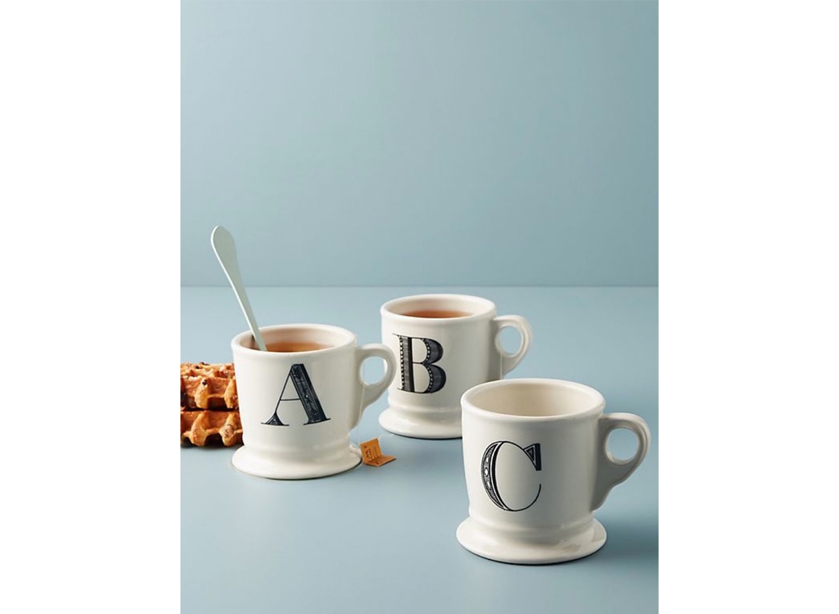 white mugs with letters on them, monogrammed kitchen accessories