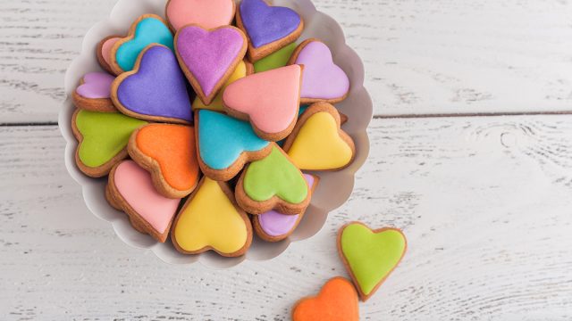 colorful royal icing heart cookies