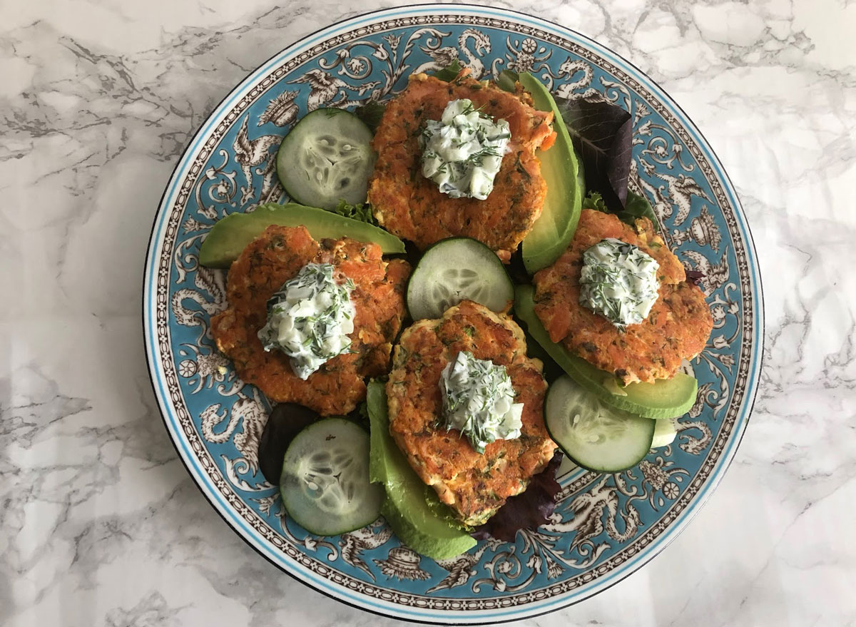 Salmon cakes with avocado cucumber dill yogurt sauce