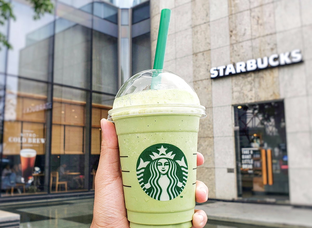 Starbucks matcha blended drink outside of store location