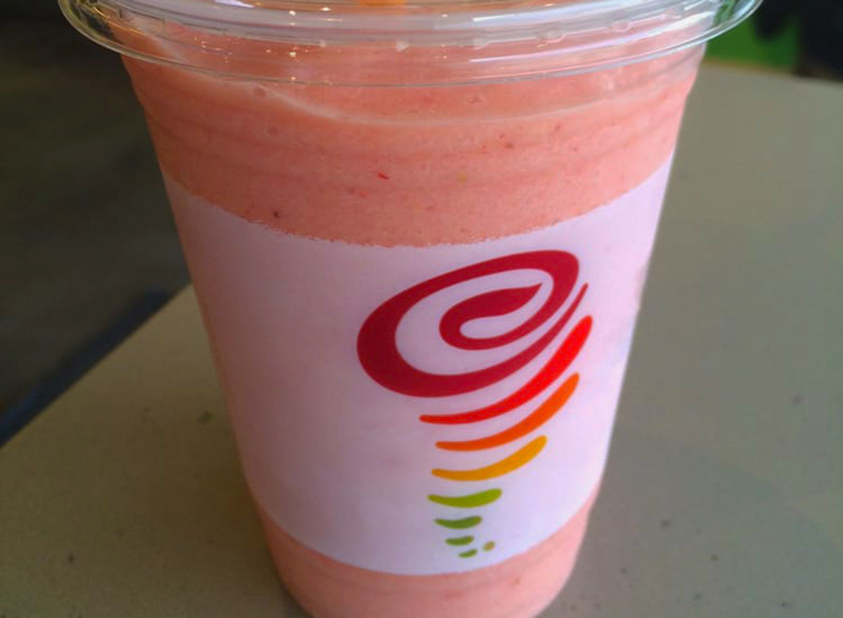 strawberry surf rider from jamba juice in a to-go cup