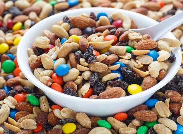 trail mix in white bowl