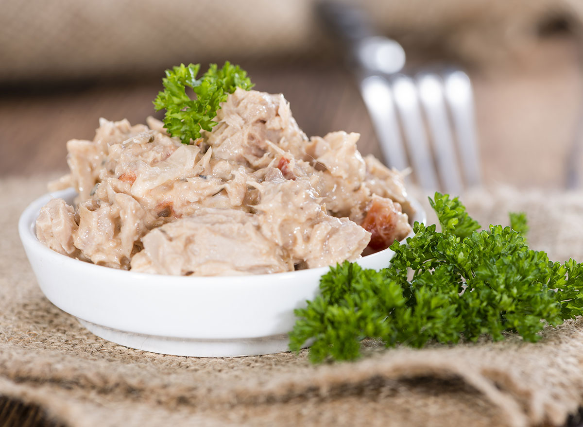 tuna salad in bowl with garnish