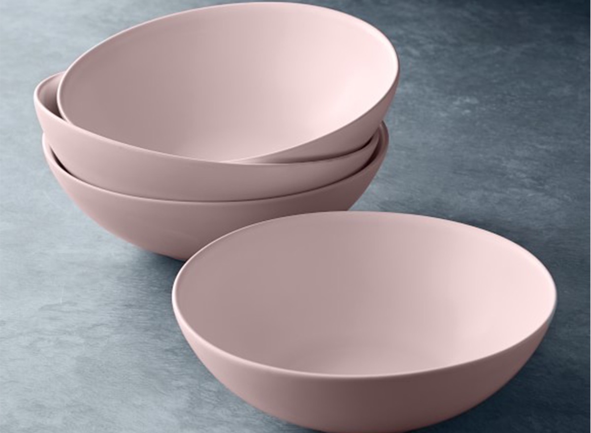 pink bowls on gray background, millennial pink kitchen accessories