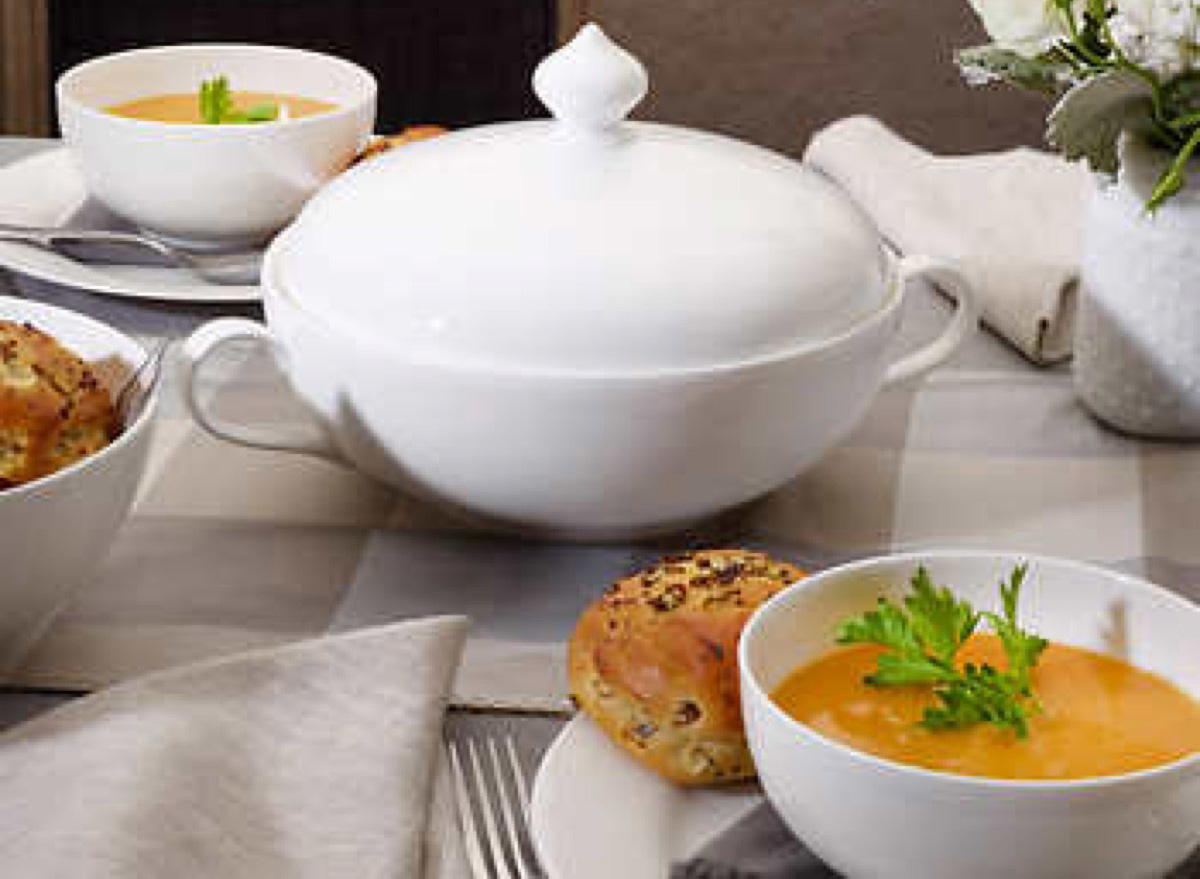 mikasa white casserole pan on table bowl of with pumpkin soup