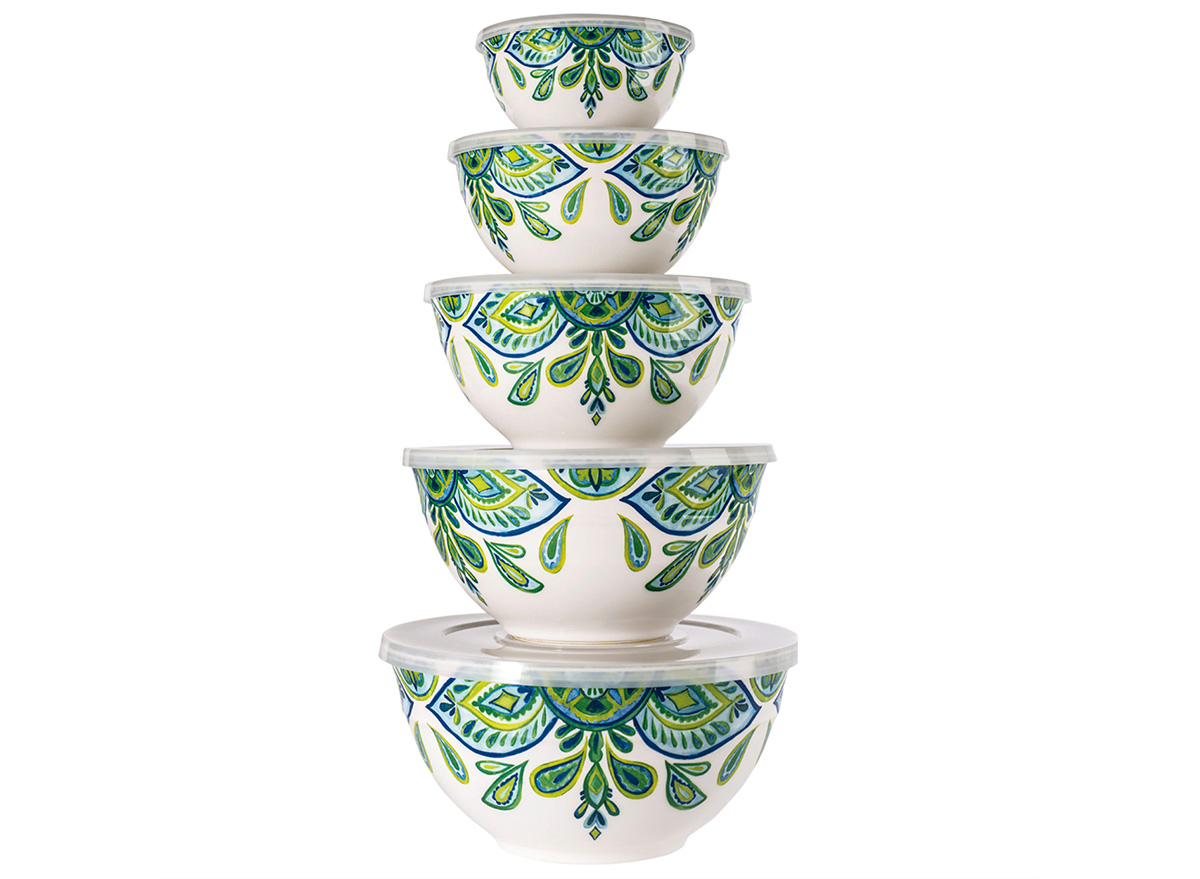 white mixing bowls with green floral design and clear lids