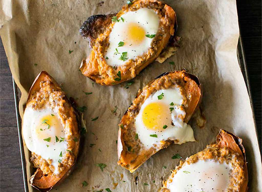 Twice baked sweet potato breakfast with egg