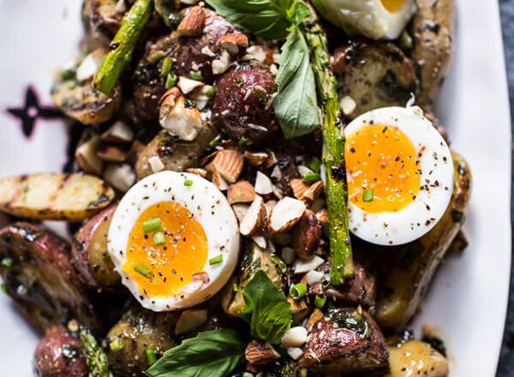 grilled potato salad with almond-basil chimichurri and 7-minute eggs
