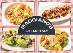 four menu items from Maggiano's on a light red background
