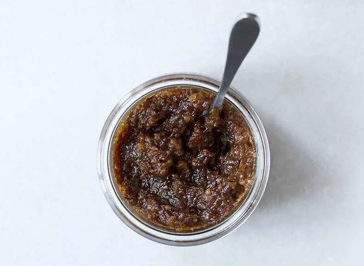 jar of bacon jam on marble table