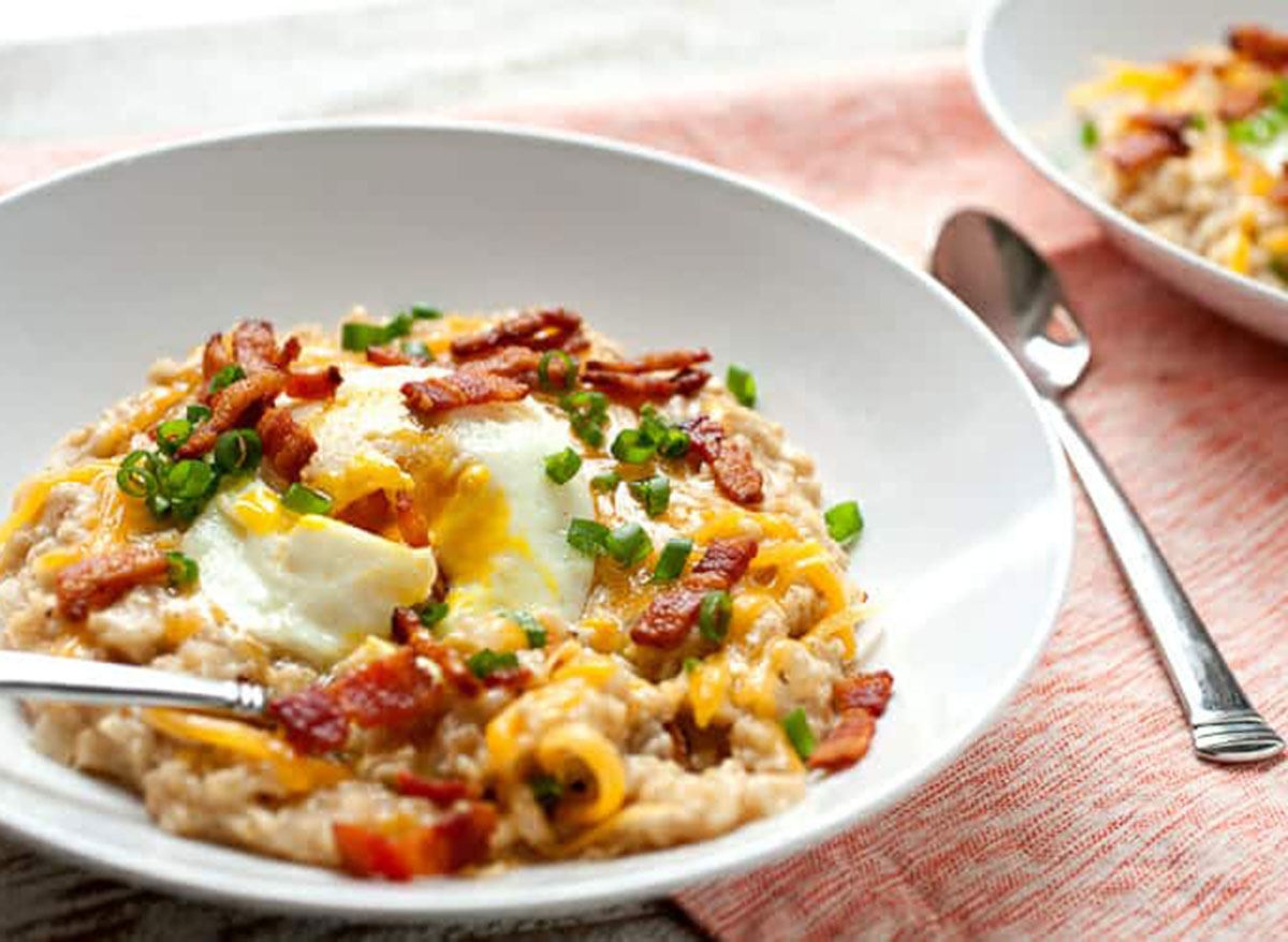 bacon savory oatmeal with spoon