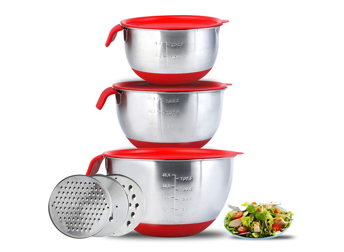 belware stainless bowls with red lids and shredder discs