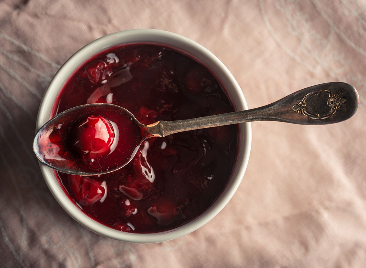 berry compote with spoon on top of bowl