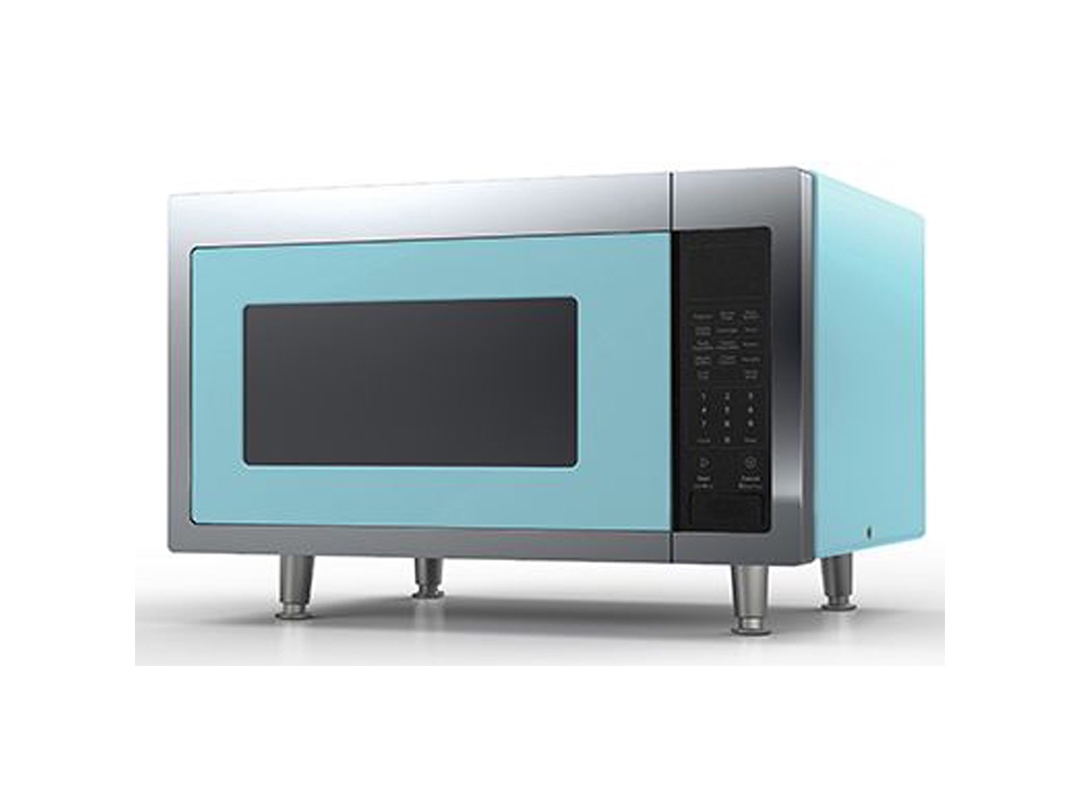 blue and chrome microwave on white background