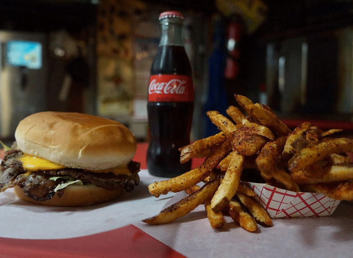 Burgers, fries, coke at abes grill