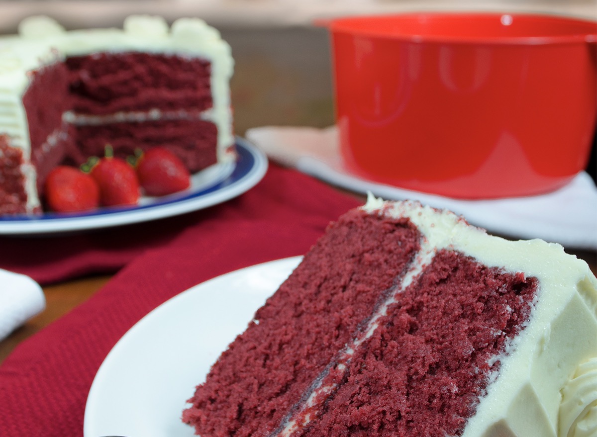 slice of red velvet cake on white plate