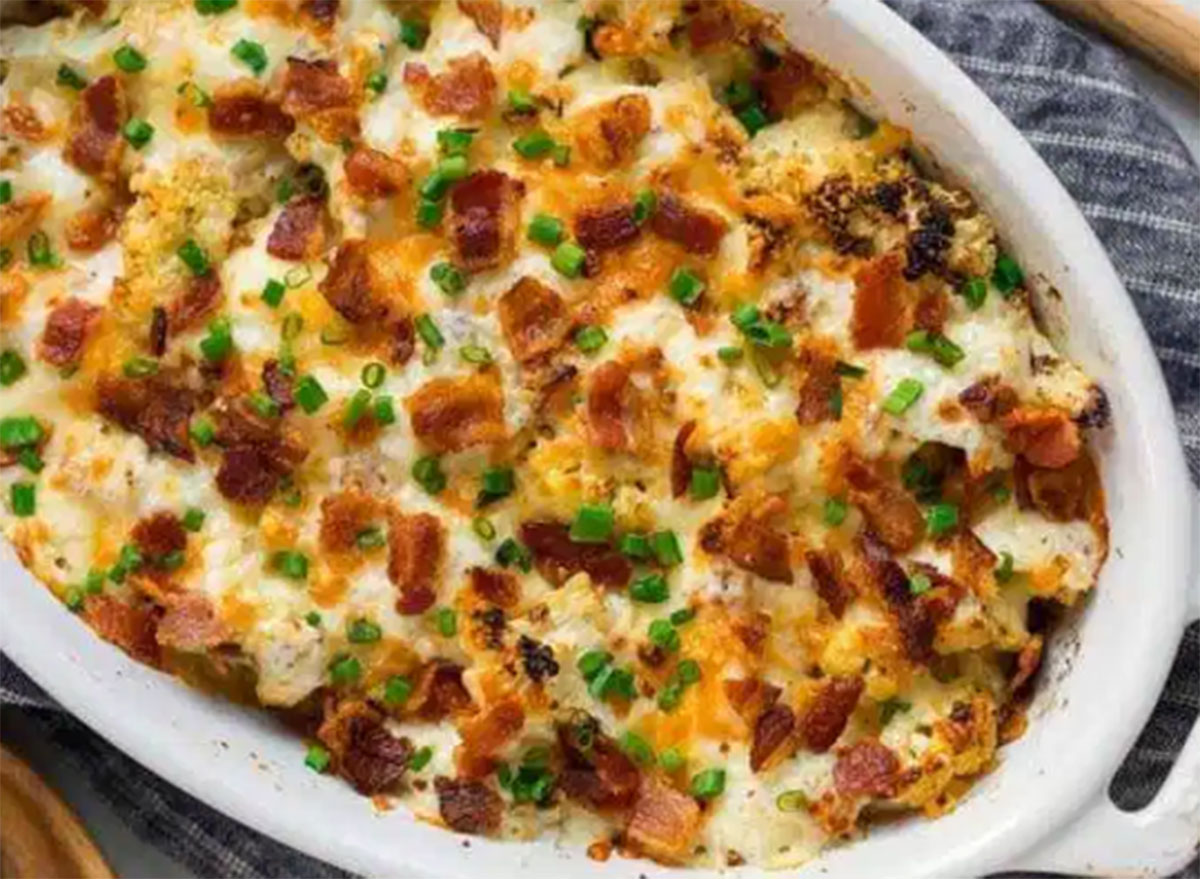 cauliflower casserole with bacon and cream cheese in baking dish