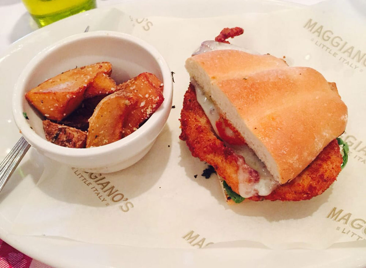 Chicken parm sandwich cut in half at Maggiano's