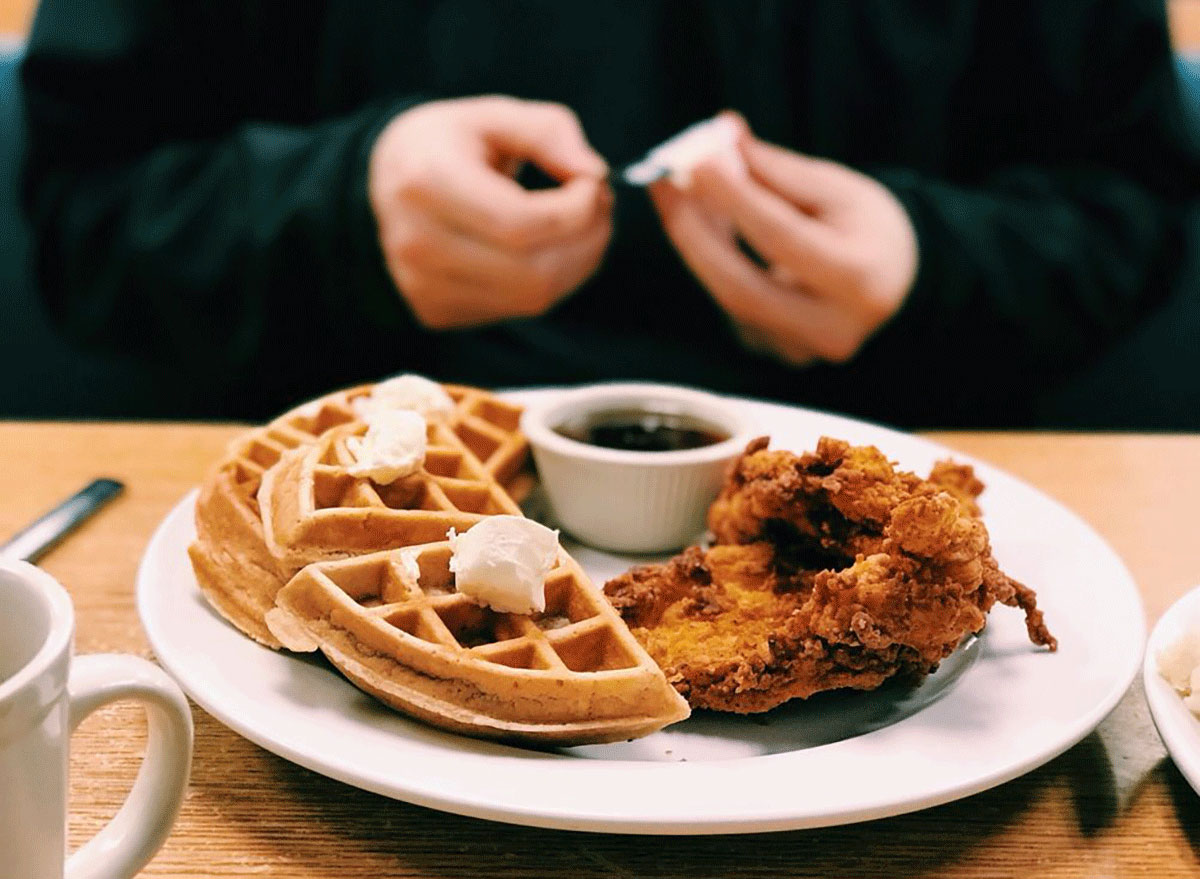 Plate of chicken and waffles at Early Bird Diner
