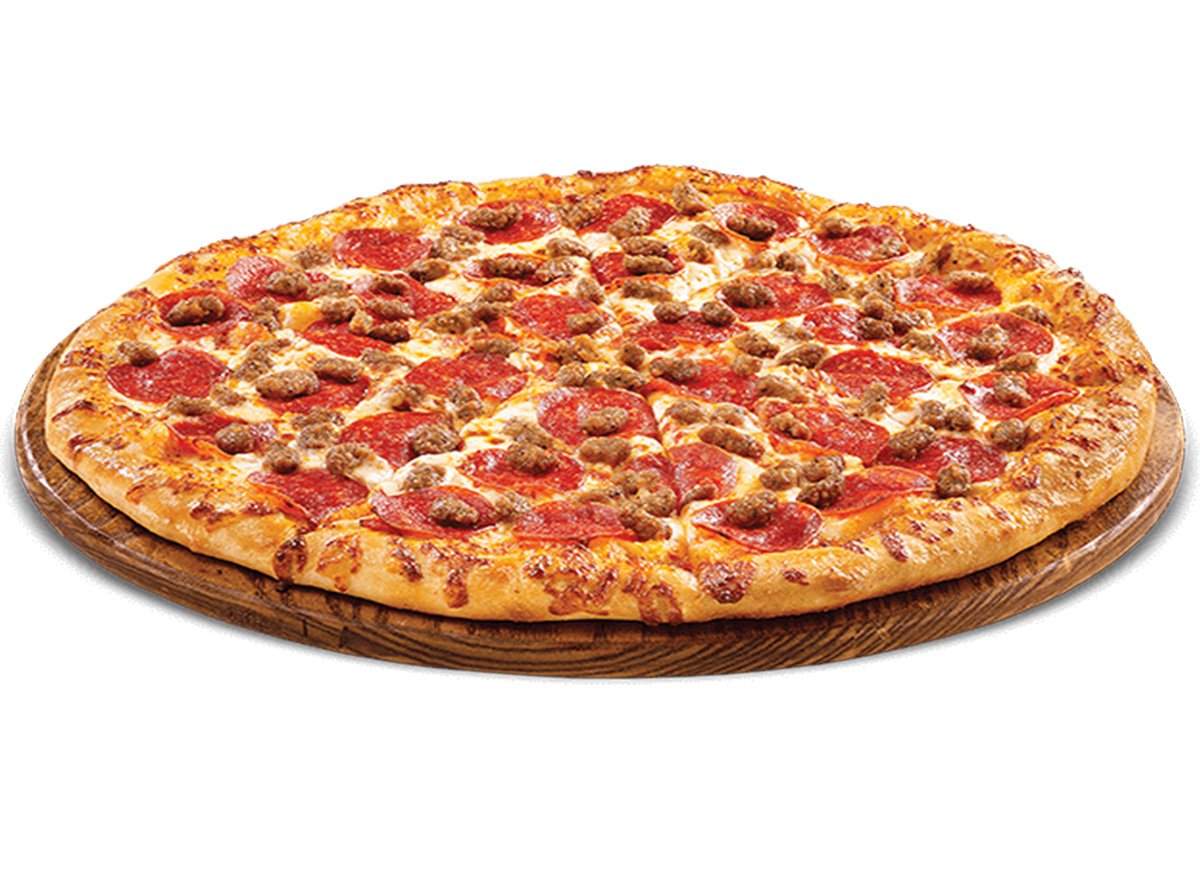 cicis pepperoni beef pizza on wooden tray