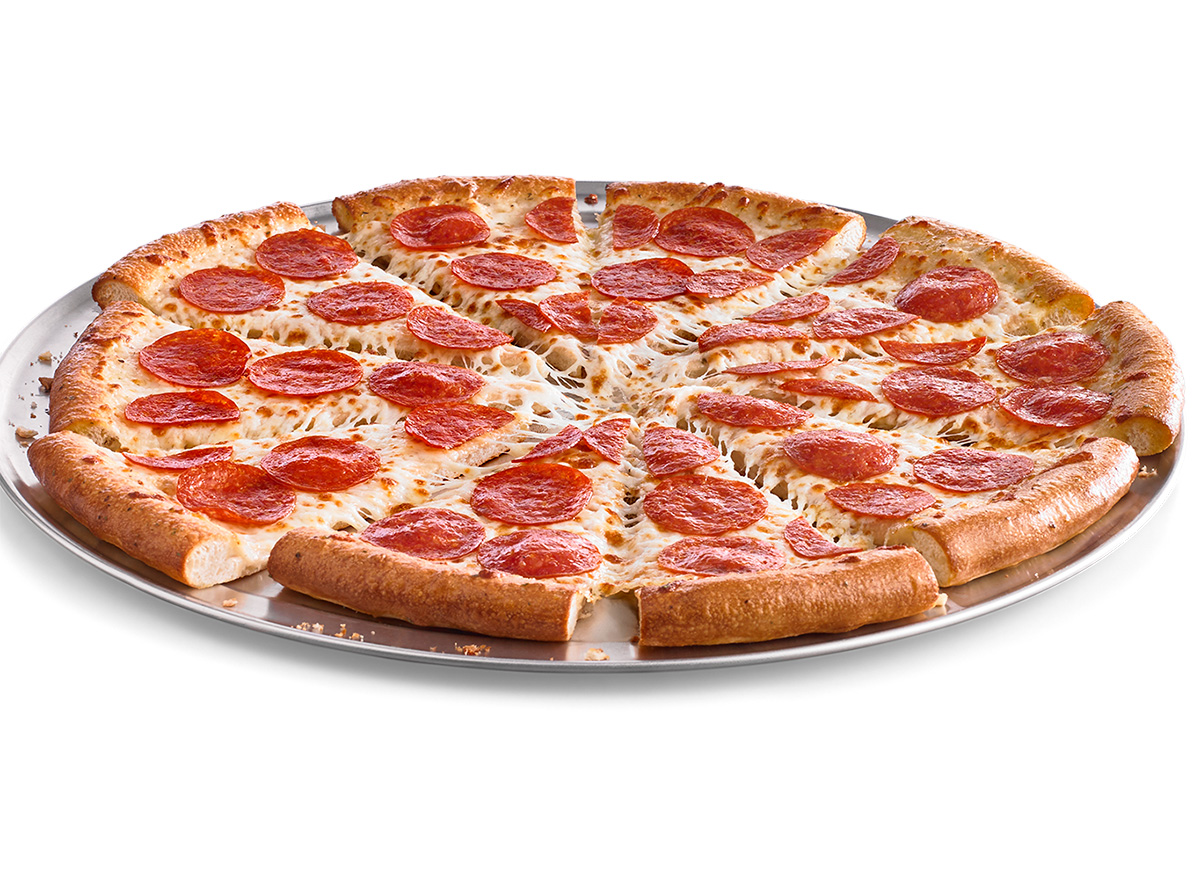 cicis pepperoni pizza on metal tray