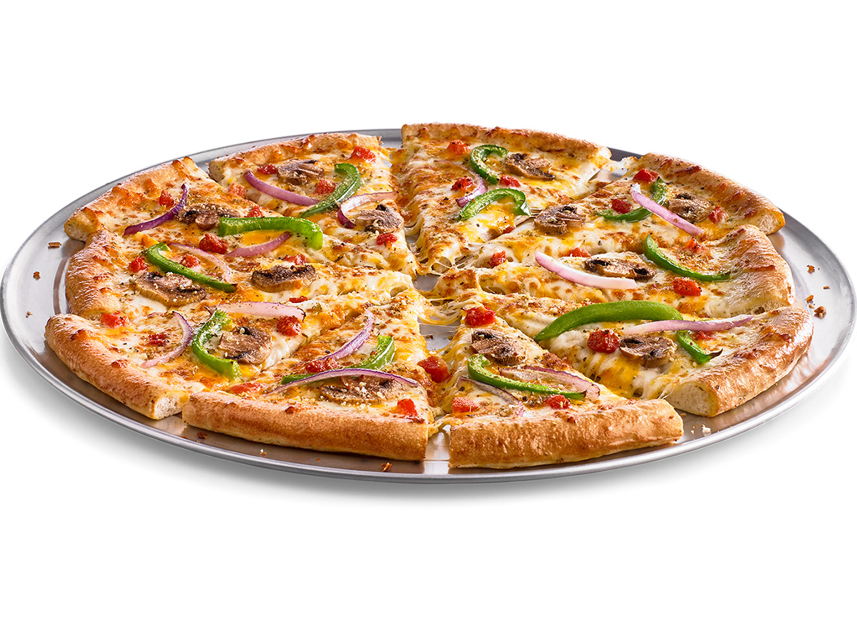 cicis zesty veggie pizza on metal tray