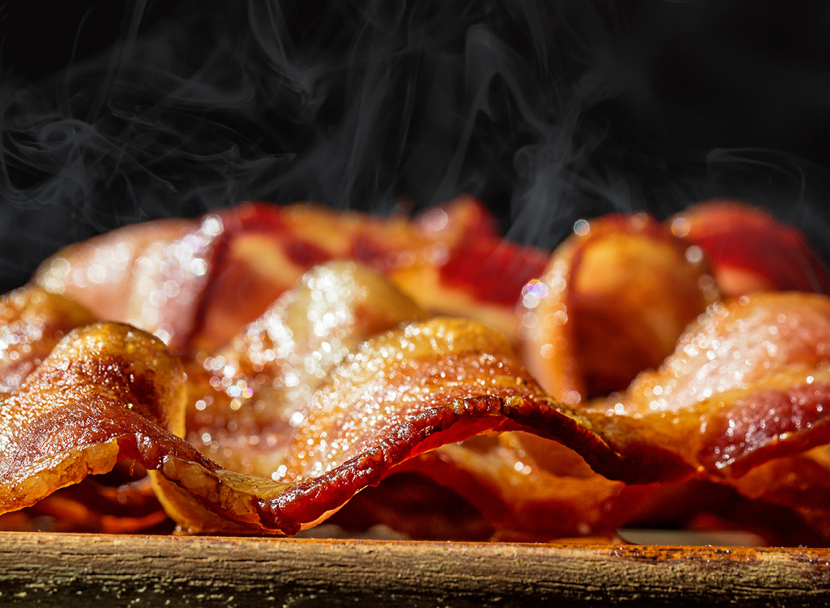 close-up of freshly cooked bacon